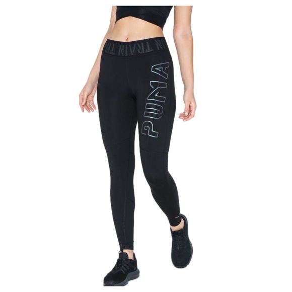 Puma Pants - Puma Iridescent Metallic Logo Black Leggings With Elastic Reflective Waist